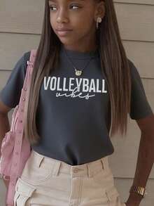 青少年女孩棒球印花圆领短袖 T 恤，夏季 - 黑色 - 查看 8