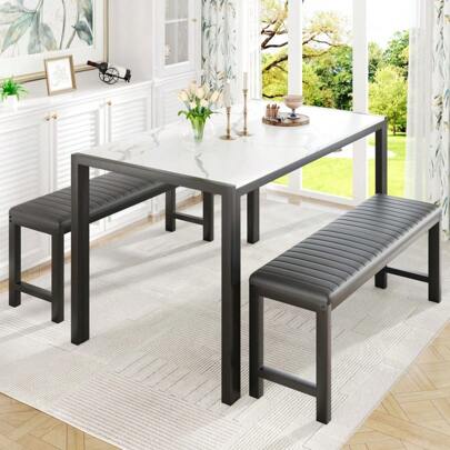 Dining Room Table Set, 3-Piece Dining Table Set With 2 Benches, Kitchen Table Set For 4 With Metal Frame, Modern Dining Room Set Furniture Set For Bar Dining Room Breakfast Nook, Black