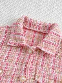 2 قطعة طقم بنطلون وسترة طويلة الأكمام ذات صدر واحد بنمط مربعات للفتيات المراهقات، 2 قطعة طقم تنورة طويلة الأكمام مطبوع عليها تنين وطاووس وردي للفتيات، 2 قطعة طقم تنورة طويلة الأكمام مزينة بالزخارف المعدنية، 2 قطعة طقم جاكيت وتنورة طويلة الأكمام بنمط مربعات للفتيات، مناسب للمناسبات - وردي - مشاهدة 3