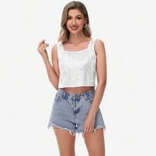 Women's Sequin Square Neck Tank Top With Sleeveless Design And Cropped Fit - Silver - Silver - View 6
