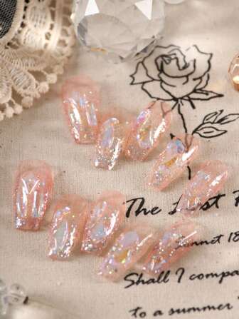 XEERCOOU 10Pcs French Tip Nails Press On Nails Colorful Sequins Ice Through Shining And Sparkling Office Daily Wear False Nails Includes 1Sheet Adhesive Tabs &1 Pc Mini File Nail Supplies Nails