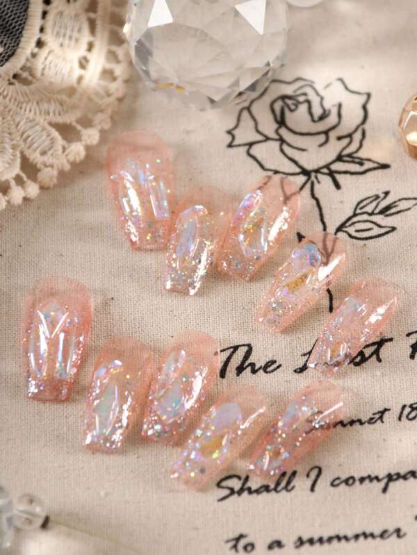 XEERCOOU 10Pcs French Tip Nails Press On Nails Colorful Sequins Ice Through Shining And Sparkling Office Daily Wear False Nails Includes 1Sheet Adhesive Tabs &1 Pc Mini File Nail Supplies Nails