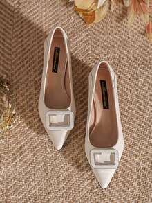 Elegant Women's Pointed Toe Chunky Heel Pumps, New Stylish Buckle Closure High Heels For Work, Fall, Autumn, Beige