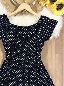 Floral Polka Dots With Belt Ruffle Hem Beach Women's Fashion - Black - View 2