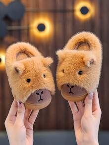 1 双儿童水豚毛绒拖鞋，包头室内家居鞋，秋冬保暖，男孩/女孩适用