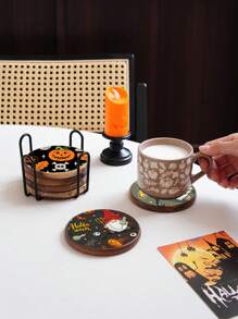 6件套木质杯垫套装带铁架，万圣节彩色蝙蝠图案创意木质杯垫，耐热防滑杯垫适用于咖啡桌、牛奶杯、餐厅、饮料、万圣节礼物，木纹随机 - A - 查看 2