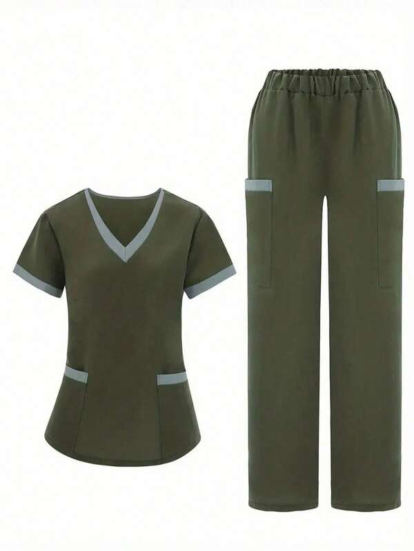 2pcs/Set Plus Size Women's Uniform, Short Sleeve Top And Solid Color Pants