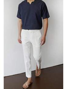 Linen Pants Men Slim Fit Elastic Waistband Lightweight Summer Beach Fashion Casual Pant-20256688 - trắng - Xem 5