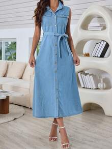 Sleeveless Button Tie Women's Denim Dress - Light Wash - View 6