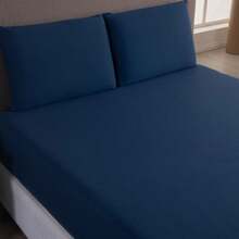 Plain 100% Cotton Knit Sheet Set With Elastic - Navy Blue - View 1