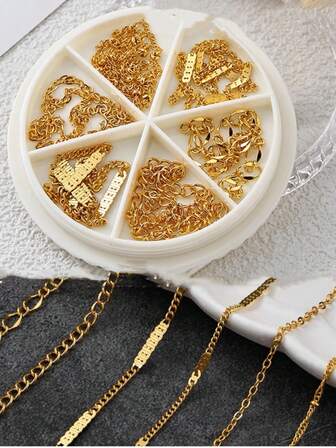 6 件套混合金属链条指甲饰品配件，枪黑色和灰色链条指甲装饰，美甲用品指甲指甲饰指甲宝石