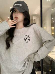 Women's Cotton Skateboard English Print Thin Long Sleeve T-Shirt, Fashionable & Versatile, Autumn/Winter