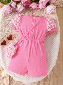 Baby Girls' Fashionable Casual Cute Floral Puff Sleeve Round Neck Romper, Summer