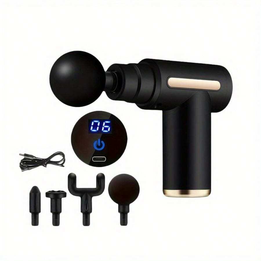 ZM Health 1pc Mini Portable Massage Gun With LED Light, 6 Adjustable Speeds, Handheld Body & Back Muscle Massager, Super Durable Fascia Gun, Fitness Accessory, Workout, Gym, Home Exercise, Massage Device - Black - View 1