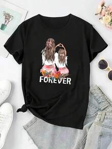 Creative English Forever Mother And Daughter Pattern Print Women's Casual Sports T-Shirt, Round Neck, Short Sleeve, Holiday Comfortable Summer Top - Multicolor - View 3