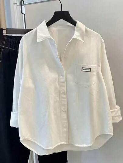 女士纯色前扣口袋休闲衬衫，舒适新款长袖，简约宽松复古休闲外套，适合秋冬