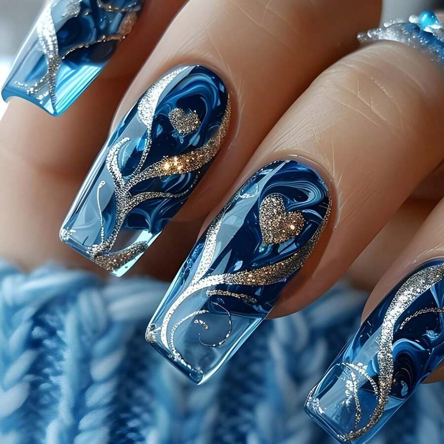 Medium Coffin Shaped Press On Nails Golden Glitter Stripe Acrylic Nails With Heart Love Designs Full Cover Gradient False Nails Stick On Nail For Women DIY Manicure Decoration 24 Pcs - 樣式 16 - 查看 1