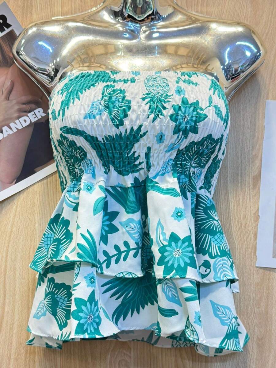 Printed Cropped Blouse With Elastic Ruffle - Green - View 1