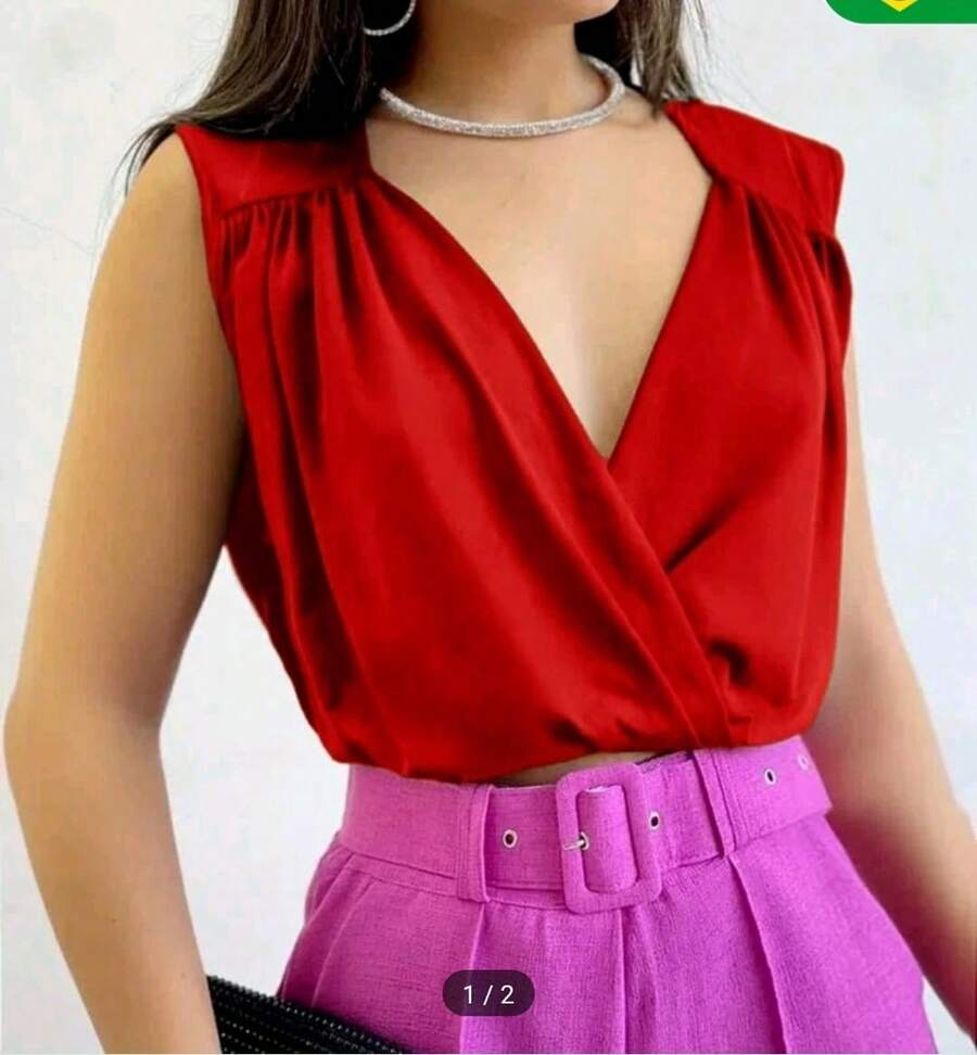 Cropped Women's Blouse Fluist Polyamide Fabric Tank Top Simple Knitted Fabric V-Neck Piece Crossed Casual Holiday Daily Bachelorette Party Travel Summer - 紅色 - 查看 1