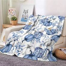 1pc Autumn Flannel Blanket, Featuring Fluffy Flannel Fabric With Blue & White Porcelain Pumpkin Pattern, Soft & Cozy Thanksgiving Themed Blanket, Ideal For Holiday Decor & Gifting, Suitable For Living Room, Bedroom, Office, Camping, Party, Thanksgiving Throw Blanket, Nap Blanket | Sofa Blanket | Air Conditioning Blanket, Multiple Sizes Available, White Blanket