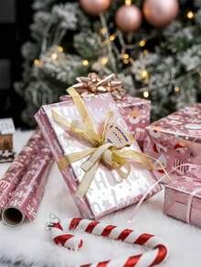 1 卷圣诞包装纸迷你卷，粉色金属箔闪亮纸 - 雪花/圣诞老人/HO 印花礼品包装，艺术手工艺品，适合寒假假期、家庭聚会、圣诞节设计礼品包装纸、圣诞派对用品 - 粉色 - 查看 4