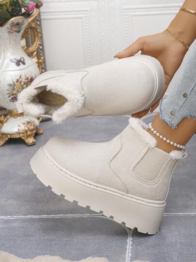 Women's Comfortable Non-Slip White Faux Fur Trim Warm Thick Sole Snow Boots, Slip-On High Platform Thick Bottom Boots With Fluffy Lining, Warm Winter Daily Outdoor Wear Beige Snow Boots
