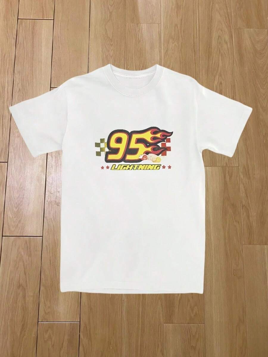 For Autumn People Cars Lightning McQueenS 95 Flame-Bayingimg T Shirt Short Sleeves Funny Tshirt Summer 100 Cotton O Neck Plus Size Top Teesp Tees - 白色 - 查看 1