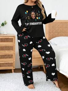 Pijama superior de manga larga de punto de poliéster con retrato de cumpleaños personalizado y gráfico divertido para mujeres, estilo casual, estiramiento medio, colección de otoño/invierno, ropa de hogar talla grande para adultos, cómoda