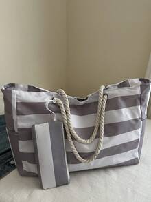 2pcs/Set Women's Waterproof Beach Tote Bag, Zipper Closure, Waterproof & Sand-Proof Design, Random Striped Pattern, Large Capacity, Suitable For Swimming Pool, School, Travel, Work, Vacation, Shopping And Other Occasions - Grey - View 3