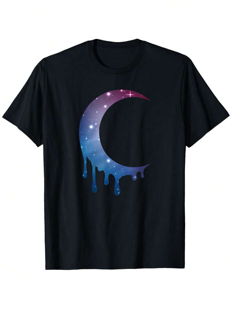 Melting Moon Astrology Space Stars Universe T-Shirt, 100% Cotton Universe T-Shirts For Men Women, 180g, Round Neck, Black, Size S-XXXL-100% Cotton T-Shirt