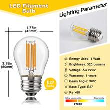 6 件装 G45 4W 复古球形 LED 灯丝爱迪生灯泡 E27 220V 可调光复古风格仿古色调玻璃 40W 白炽灯等效 320LM 2700K 暖白光灯适用于家用吊灯仿古灯具 - 4W Clear Glass - 查看 11