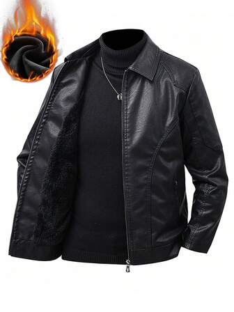 Men's PU Leather Long Sleeve Winter Coat, Thermal Lined, Thickened For Autumn/Winter