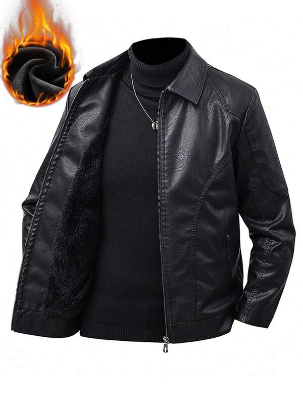 Men's PU Leather Jacket Coat, Thermal Lined, Thickened For Autumn/Winter