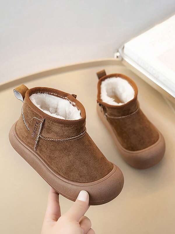 Botas de neve de design de zíper lateral de cor sólida confortável, adequadas para meninas e meninos, forro térmico macio e quente, adequadas para caminhadas ao ar livre, uso no outono e inverno