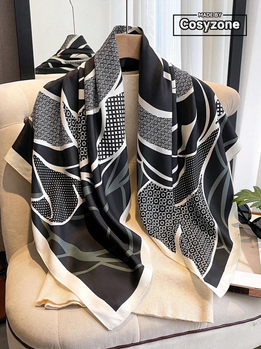 1条女士90D斜纹布优雅简约印花围巾，适合休闲时尚街头穿搭，可用作头巾、发带，是提升整体造型的理想之选。 - 黑色 - 查看 1