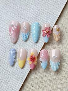 10Pcs/Set Handmade Almond Shaped Nail Art Kit: Floral, Wavy, Embossed Patterns, Pink & Blue Ombre, French Pearl, Rhinestone Decor, Reusable, With 1Pc Remover Pad, 1Pc Nail Wraps For Gel Polish Nail Decorations, Fashion & Cute Press On Nails Nail Supplies Nails - Multicolor - View 3