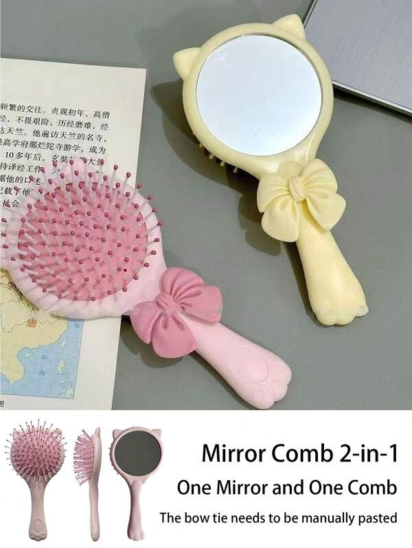 Cute Bow Cat Claw Mirror Comb 2-In-1, Cute Cat Air Cushion Comb, High Beauty Portable Air Cushion Mirror Comb, Magnifying Dressing Mirrors, Portable Massage Comb, Essential For Home Use, Suitable For Travel, Vacation, Dormitory, Home Use Comb, Back To School, Hairstyle, Hairdressing, Hair Brush Set, Comb Hair, Comb For Curls, Detangling Brush, Hair Brush For Women, Hair, Travel, Hair Products, Hair Tools, Hair Stuff, Barber, Barber Accessories, Barbershop, Hairdressing Equipment