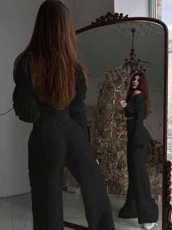 Conjunto de traje de oficina con top transparente de punto de unicolor y pantalones de cintura alta