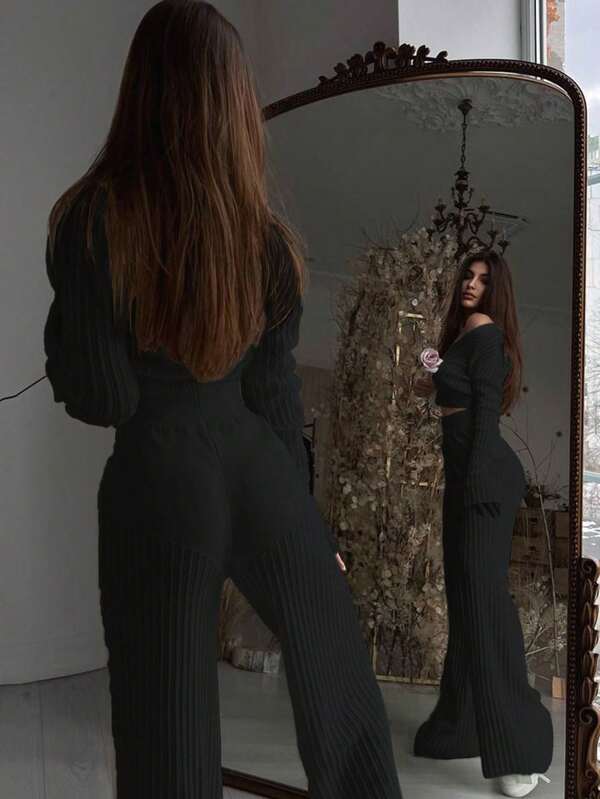 Fashionable Knit Sheer Solid Color Hollow Out Top And High Waist Pants Commuter Suit