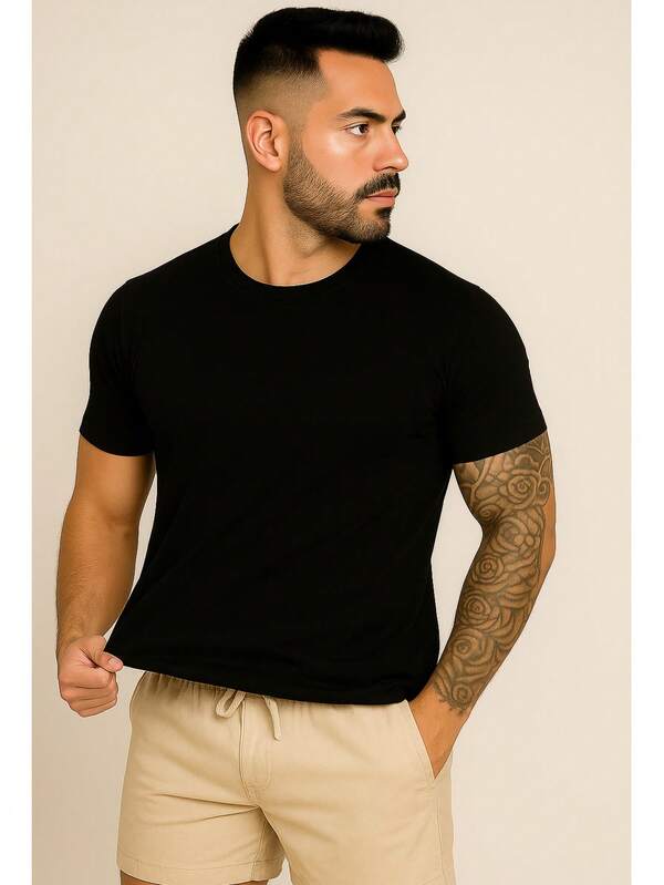 Conjunto Camiseta Fio Egipcio Masculina -Short Sarja Masculino Bermuda Curta Brim