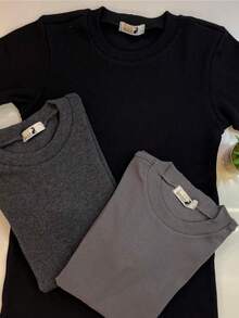 Kit Of 3 Basic Women's Ribbed Ribbed Cotton Knit Blouses, Short Sleeve, Versatile, Assorted Colors - 彩色 - 查看 1