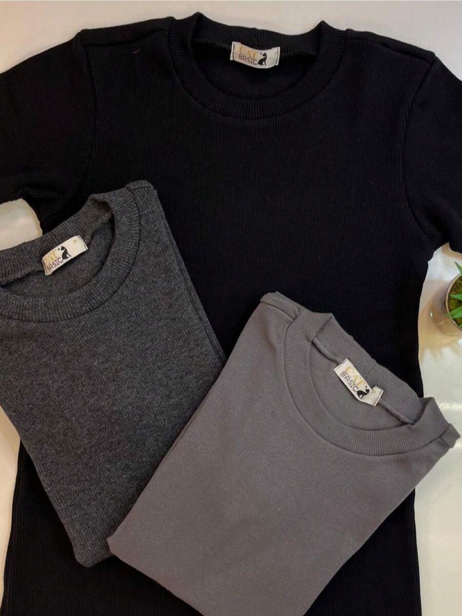 Kit Of 3 Basic Women's Ribbed Ribbed Cotton Knit Blouses, Short Sleeve, Versatile, Assorted Colors - 彩色 - 查看 1