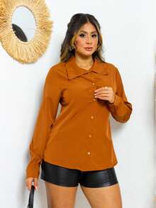 Fiminina Long Sleeve Plain Dress Shirt With Buttons On The Front Simple Buttons On The Front Button - 駝色 - 查看 3