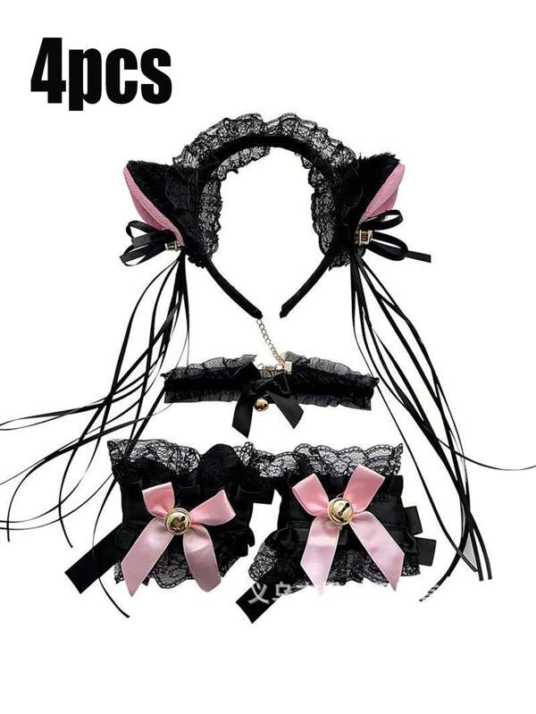 4pcs Handmade Lolita Lace Plush Cat Ear Bell Headband, Necklace Bracelet Set, Cosplay Maid Headwear