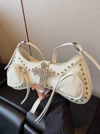 1 Pc Crocodile Pattern Leather Black Purse Handbag, Y2K Cross Decor Underarm Bag,Goth Punk Rock Style Shoulder Bag ,With Adjustable Straps Crocodile Embossed Hobo Bag, Funky Metallic Studded Decor PU ,New Years Outfit,Gifts For Her,For Party, Music Festival For Teen Girls Women College Students,White-Collar Workers Perfect For College,Work ,Business,Commute,Outdoors, Travel, Outings,Office,Perfect For Work,Shopping