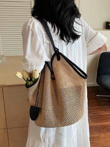 新款时尚大容量编织包，小众设计高品质女士单肩包，休闲日常度假沙滩包，简约百搭工作通勤手提包 - 米色 - 查看 9