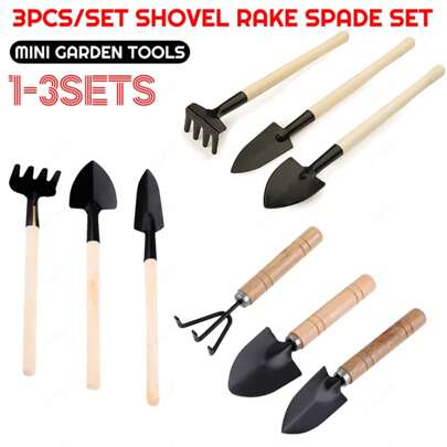 3Pcs/Set Shovel Rake Spade Set Mini Garden Tools Multifunction Bonsai Tools Set Wooden Handle Hand Planting Tools For
