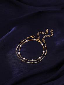 Nooxian 2pcs/Set Gold Jewelry Fashion Simple Faux Pearl Delicate Chain Bracelet Set, Layered Bracelet Jewelry Gift For Women (Pearl Bead Quantity Random)