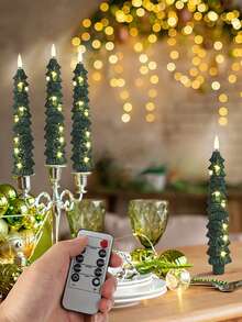 5支圣诞树造型无焰锥形蜡烛，带遥控定时器，3D火焰效果绿色LED烛台，营造圣诞家居氛围 - 綠色 - 查看 2