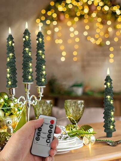 5支圣诞树造型无焰锥形蜡烛，带遥控定时器，3D火焰效果绿色LED烛台，营造圣诞家居氛围